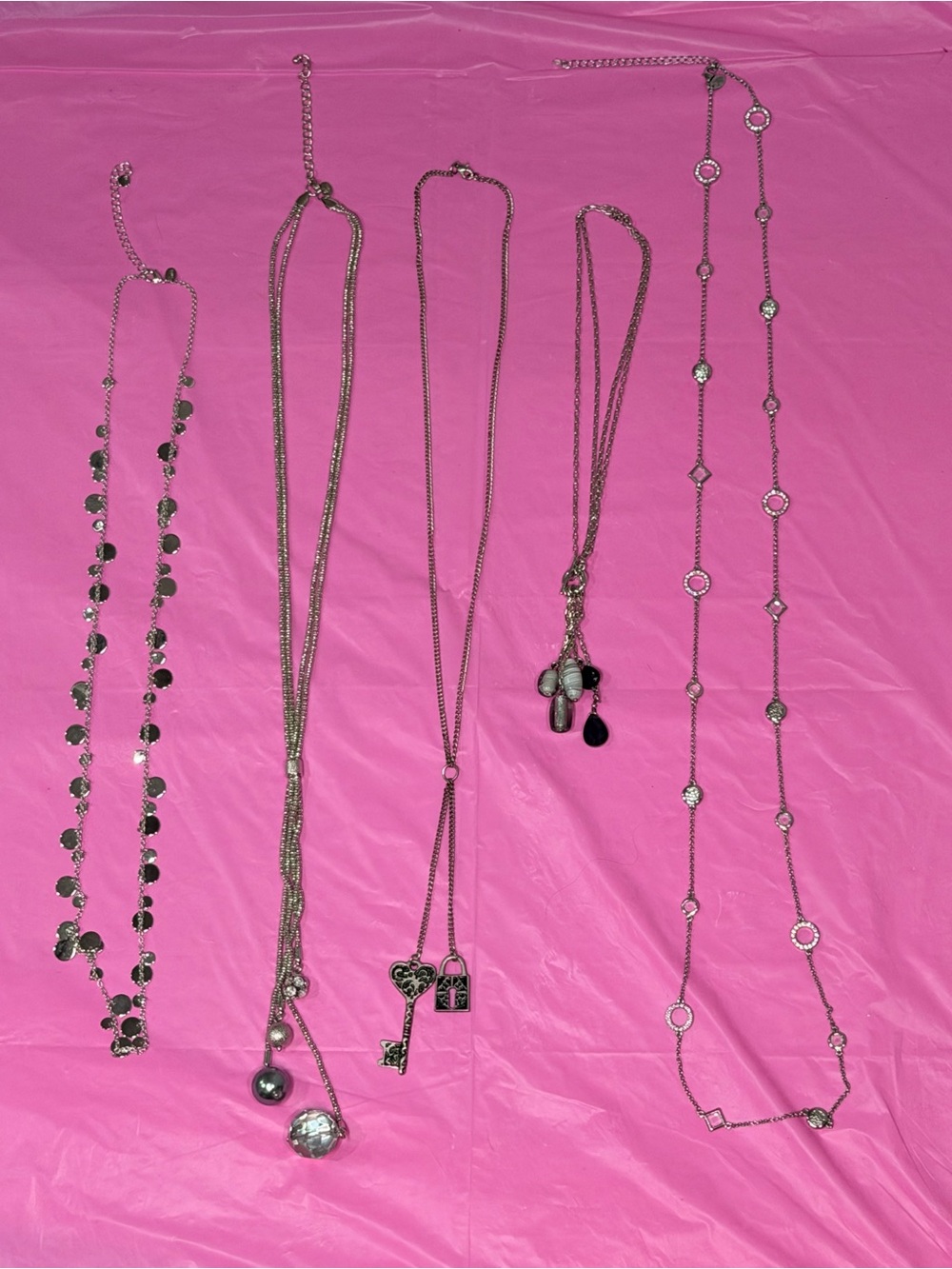 Lot of Statement Silver-Tone Layered Pendant Necklaces - Set of 5 Mixed Style